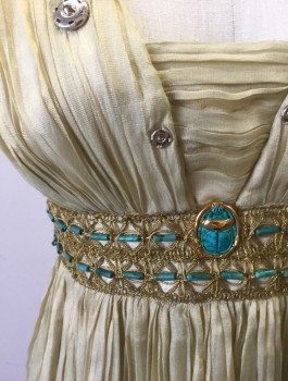 N/L MTO, Gold, Turquoise Blue, Silk, Solid, Finely Crinkled Gold Mesh, Padded Cap Sleeves, Empire Waist with Shiny Gold Lace and Turquoise Beading, Square Neck, Floor Length, Made To Order Egyptian Inspired