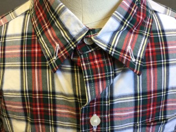 JANIE & JACK, White, Black, Green, Red, Yellow, Cotton, Plaid, Collar Attached, Button Down, Button Front, 1 Pocket, Long Sleeves, Curved Hem