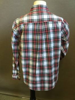JANIE & JACK, White, Black, Green, Red, Yellow, Cotton, Plaid, Collar Attached, Button Down, Button Front, 1 Pocket, Long Sleeves, Curved Hem