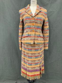 WEEKEND MAX MARA, Red, Orange, Olive Green, Tan Brown, Dk Red, Wool, Polyamide, Stripes, Woven Colorful Stripes Interrupted By Tan, Single Breasted, Collar Attached, Notched Lapel, 2 Pockets, Long Sleeves