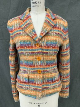 WEEKEND MAX MARA, Red, Orange, Olive Green, Tan Brown, Dk Red, Wool, Polyamide, Stripes, Woven Colorful Stripes Interrupted By Tan, Single Breasted, Collar Attached, Notched Lapel, 2 Pockets, Long Sleeves