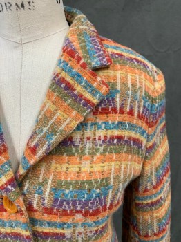 Womens, Suit, Jacket, WEEKEND MAX MARA, Red, Orange, Olive Green, Tan Brown, Dk Red, Wool, Polyamide, Stripes, 6, Woven Colorful Stripes Interrupted By Tan, Single Breasted, Collar Attached, Notched Lapel, 2 Pockets, Long Sleeves
