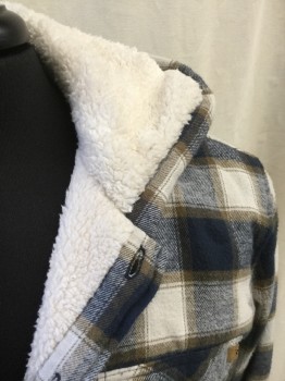 Mens, Casual Jacket, RIP CURL, Navy Blue, White, Brown, Cotton, Synthetic, Plaid-  Windowpane, M, White Fleece Lining, Button Front, Hood, 4 Pockets,