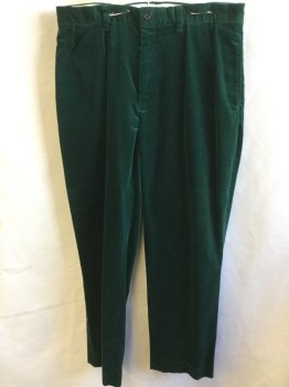 Mens, Casual Pants, POLO GOLF, Dk Green, Cotton, Elastane, Solid, 35/30, Corduroy, 1.5" Waistband with Belt Hoops, 2 Pleats Front, Zip Front, 4 Pockets