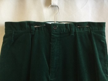 Mens, Casual Pants, POLO GOLF, Dk Green, Cotton, Elastane, Solid, 35/30, Corduroy, 1.5" Waistband with Belt Hoops, 2 Pleats Front, Zip Front, 4 Pockets