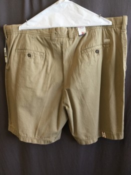 Mens, Shorts, IZOD, Khaki Brown, Cotton, Solid, 44, 1.5" Adjustable Waistband with Belt Hoops, Flat Front, Zip Front, 4 Pockets