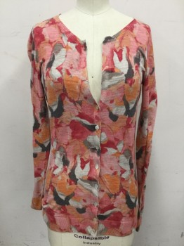 BANANA REPUBLIC, Pink, Fuchsia Pink, Gray, Taupe, Peach Orange, Cotton, Floral, Abstract , 3/4 Button Front, Ribbed Knit Collar/Cuff/Waistband