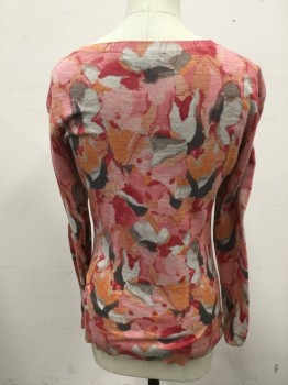 BANANA REPUBLIC, Pink, Fuchsia Pink, Gray, Taupe, Peach Orange, Cotton, Floral, Abstract , 3/4 Button Front, Ribbed Knit Collar/Cuff/Waistband