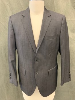 HUGO BOSS, Charcoal Gray, Wool, Solid, Single Breasted, Collar Attached, Notched Lapel, Hand Picked Collar/Lapel, 3 Pockets, 2 Buttons