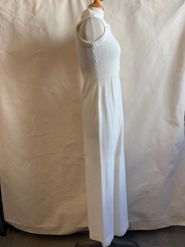 NL, White, Acrylic, Solid, Knit Maxi, Sleeveless, Button Placket, Collar Attached, Ribbed Tip, Chevron Eyelet Skirt, Early 70's