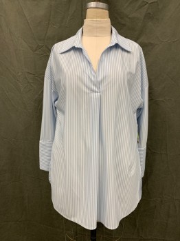 ALFANI, Lt Blue, White, Polyester, Stripes, Pullover, Open Placket, Collar Attached, 3/4 Sleeve with Extended Button Cuff, Diagonal Seamed Yoke, Side Slits at Hem