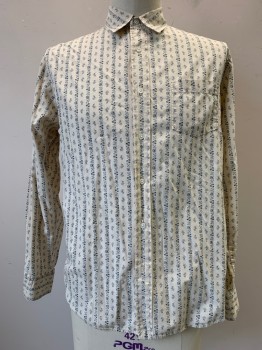 LUCKY BRAND, Beige, Slate Gray, Cotton, Floral, Stripes - Vertical , Button Front, Collar Attached, Long Sleeves, 1 Pocket,
