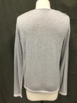 Mens, Pullover Sweater, MARTIN GORDON, Lt Gray, Cotton, Cashmere, Heathered, M, Scoop Neck, Long Sleeves, White Stripe Hem/Cuff Trim  * Small Hole in Collar*