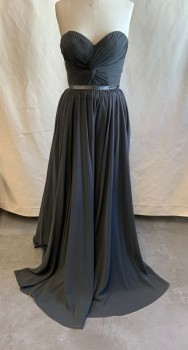 Womens, Evening Gown, CINDERELLA, Gray, Polyester, Solid, 8, Pleated Bust, Strapless, Sweetheart Neck, Gray Satin Trim Under Bust, Gathered Skirt, Long, Zip Back, Back Lacing