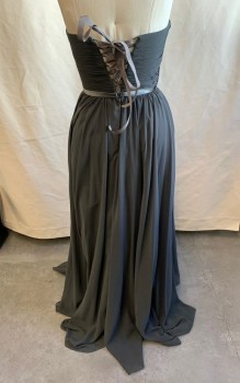Womens, Evening Gown, CINDERELLA, Gray, Polyester, Solid, 8, Pleated Bust, Strapless, Sweetheart Neck, Gray Satin Trim Under Bust, Gathered Skirt, Long, Zip Back, Back Lacing
