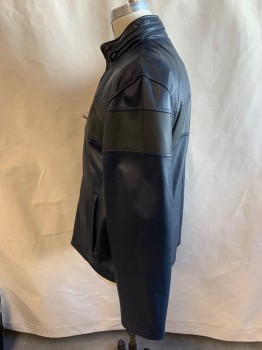Mens, Leather Jacket, SAKS FIFTH AVE, Navy Blue, Black, Leather, Solid, 2XL, Zip Front, Zipper Around Neck, 2 Pockets, Breathable Mesh Inside
