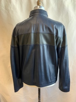 Mens, Leather Jacket, SAKS FIFTH AVE, Navy Blue, Black, Leather, Solid, 2XL, Zip Front, Zipper Around Neck, 2 Pockets, Breathable Mesh Inside