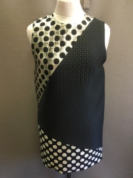 Womens, Cocktail Dress, EMANUEL UNGARO PARIS, Black, Gold, Silver, Polyester, B38, 8, Heather Gold & Silver with Black Circles, Black with Self Round/diamond Pucker & Black W/shimmer Gold Circles Triangle Color Block, Black Lining, Round Neck,  Sleeveless, Side Zipper & Short Zip Back
