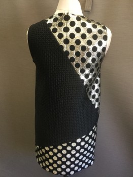 Womens, Cocktail Dress, EMANUEL UNGARO PARIS, Black, Gold, Silver, Polyester, B38, 8, Heather Gold & Silver with Black Circles, Black with Self Round/diamond Pucker & Black W/shimmer Gold Circles Triangle Color Block, Black Lining, Round Neck,  Sleeveless, Side Zipper & Short Zip Back