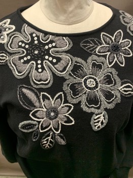 Womens, Pullover, ALFRED DUNNER, Black, Gray, White, Cotton, Acrylic, Floral, Solid, 2X, Jewel Neck with Embroiderred Floral, 3/4 Sleeves, Ribbing at Waist and Cuffs