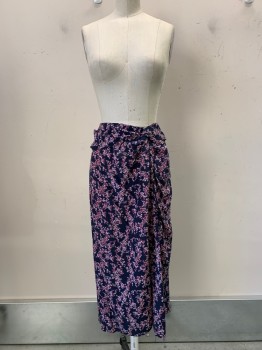 Womens, Skirt, Below Knee, Rag + Bone, Navy Blue, Raspberry Pink, Off White, Yellow, Silk, Floral, 2, Pleated with Side Knot, Back Zipper,