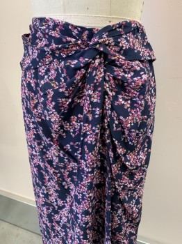 Womens, Skirt, Below Knee, Rag + Bone, Navy Blue, Raspberry Pink, Off White, Yellow, Silk, Floral, 2, Pleated with Side Knot, Back Zipper,