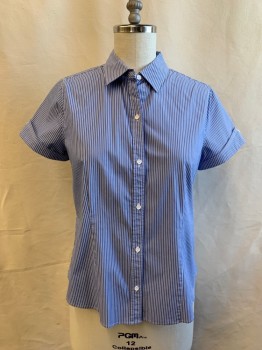LIZ CLAIBORNE, Blue, White, Black, Cotton, Polyester, Stripes - Vertical , Button Front, Collar Attached, Short Sleeves, Angled Folded Back Cuff