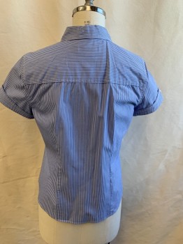 LIZ CLAIBORNE, Blue, White, Black, Cotton, Polyester, Stripes - Vertical , Button Front, Collar Attached, Short Sleeves, Angled Folded Back Cuff