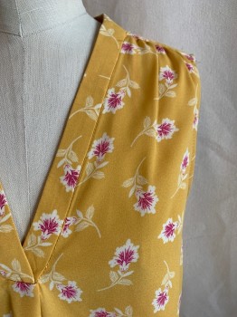 Womens, Top, VINCE CAMUTO, Yellow, Fuchsia Pink, Off White, Polyester, Floral, S, V-neck, Sleeveless, Gathered Shoulders and Back Yoke