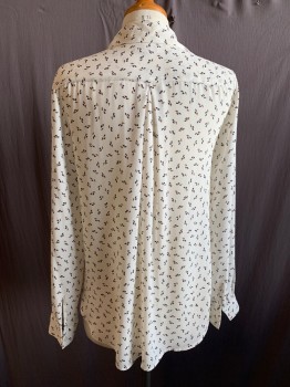 Womens, Blouse, ANN TAYLOR, Off White, Navy Blue, Brown, Polyester, Abstract , XS, 1/2 Button Placket Front, Collar Attached, 2 Flap Pockets, Long Sleeves, Button Cuff
