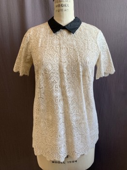 Womens, Top, MADEWELL, Antique White, Cotton, Nylon, Solid, S, Lace with Swirling Pattern, Black Satin Contrast Collar Attached, Short Sleeves, Scalloped Hem, Keyhole Back