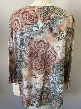 Womens, Top, ALFRED DUNNER, White, Olive Green, Lt Peach, Tan Brown, Brown, Polyester, Abstract , Floral, M, Pullover, Squared Neck,3/4 Sleeve,  Lace Inset Panel Center Front,  Gold Rhinestone Embellished