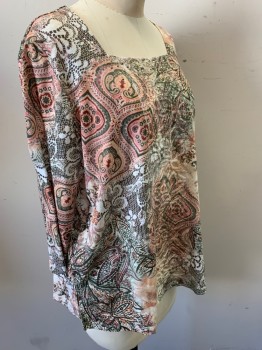 Womens, Top, ALFRED DUNNER, White, Olive Green, Lt Peach, Tan Brown, Brown, Polyester, Abstract , Floral, M, Pullover, Squared Neck,3/4 Sleeve,  Lace Inset Panel Center Front,  Gold Rhinestone Embellished