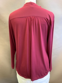 Womens, Blouse, ALFANI, Maroon Red, Polyester, Spandex, Solid, 18W, Pullover, V-neck, Sheer Overlay Drapes Over Front Starting at Shoulders, Long Sleeves