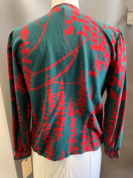 N/L, Forest Green, Dk Red, Polyester, Leaves/Vines , Button Front, Long Sleeves, Smocked Shoulders, Crew Neck,