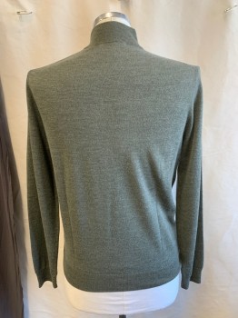 Mens, Pullover Sweater, SAKS FIFTH AVENUE, Sage Green, Wool, Acrylic, Heathered, L, Zip Mock Neck, Rib Knit, Cuff/collar/hem