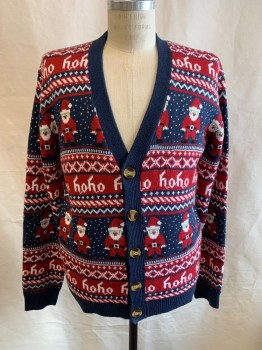 Mens, Cardigan Sweater, DAISY'S BOUTIQUE, Red, Navy Blue, White, Acrylic, Holiday, 40, M, Santa, "Ho-Ho", 5 Bttns, L/S, Christmas