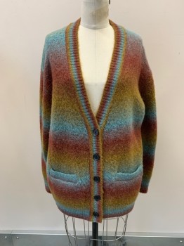 Womens, Sweater, RE/DONE, Aqua Blue, Brick Red, Mustard Yellow, Wool, Nylon, Stripes - Horizontal , XS, Over Sized Fit, V-N, Single Breasted, B.F., 2 Pckts