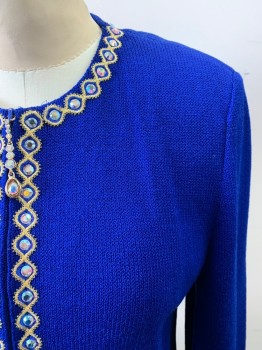 Womens, Sweater, ST. JOHN, Primary Blue, Gold, Acrylic, Wool, Solid, 2, Blue Solid with Gold Twist Trim with Large Rhinestones, Zip Front, Long Gold Zipper with 7 Rhinestones, Shoulder Pads