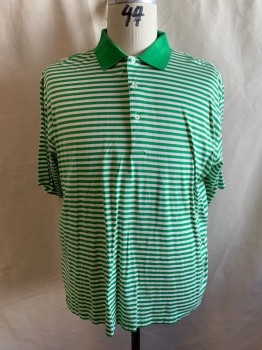 FAIRWAY & GRENE, White, Kelly Green, Cotton, Stripes - Horizontal , Short Sleeves, 3 Buttons,  Solid Rib Knit Collar
