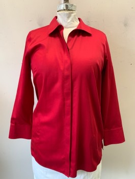 Womens, Blouse, CHICO'S, Ruby Red, Cotton, Solid, "Sz 2", 12/14, L/S, Button Front, Collar Attached, V-Neck, Pockets at Sides