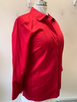CHICO'S, Ruby Red, Cotton, Solid, L/S, Button Front, Collar Attached, V-Neck, Pockets at Sides