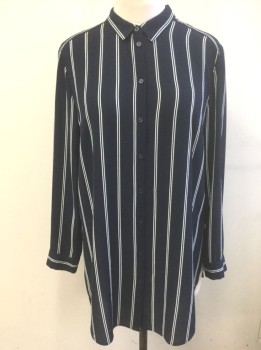 DIVIDED, Navy Blue, White, Polyester, Spandex, Stripes - Vertical , Navy with White Double Vertical Stripes, Crepe, Long Sleeve Button Front, Collar Attached, Tunic Length