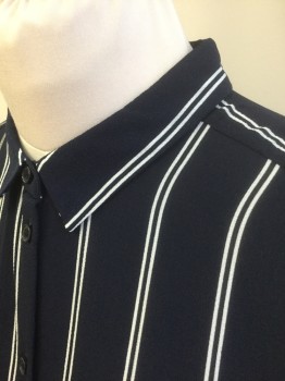 DIVIDED, Navy Blue, White, Polyester, Spandex, Stripes - Vertical , Navy with White Double Vertical Stripes, Crepe, Long Sleeve Button Front, Collar Attached, Tunic Length