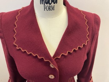 MTO, Red Burgundy, Wool, Solid, 3/4 Slv, 4 White & Brown Snowflake Btn Frt Placket, Attached Self Belt, Wide Scallopped Collar Pkt Detail with Orange & Beige Embroiderred Trim, 6 Panelled Skirt, Snaps At Side