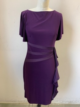 Womens, Dress, Short Sleeve, AMERICAN LIVING, Purple, Polyester, Solid, W25, 4 B34, H34, Knit, 3 Bias Satin Lines at Waist, Pullover, Flutter Short Sleeves, Circular Ruffle on Left Side