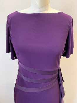 Womens, Dress, Short Sleeve, AMERICAN LIVING, Purple, Polyester, Solid, W25, 4 B34, H34, Knit, 3 Bias Satin Lines at Waist, Pullover, Flutter Short Sleeves, Circular Ruffle on Left Side