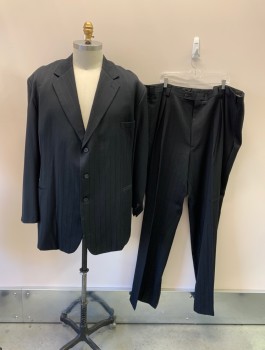 STACEY ADAMS, Black, Wool, Stripes, Notched Lapel, 3 Button Single Breasted, 3 Pockets, 4 Inside Pockets, Self Stripe, Double Vent
