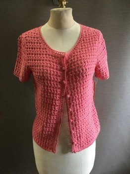Womens, Sweater, Liz Claiborne, Coral Orange, Cotton, Solid, Petite, Short Sleeve,  Button Front, Crochet, Wide Open Knit