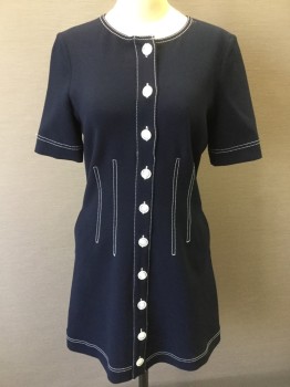 Womens, Dress, Short Sleeve, VERONICA BEARD, Navy Blue, White, Polyester, Viscose, Solid, 2, Navy, Navy Lining, White Top Stitches Detail Work, Round Neck,  10 Clear Marble Button Front, Short Sleeves, with 1 Matching Button, 2 Side Pockets, Zip Back,